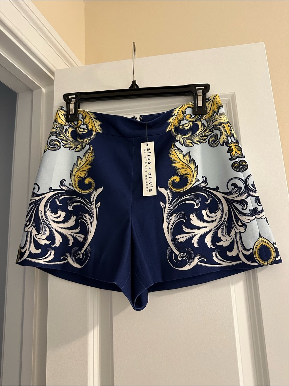 Alice + Olivia Navy, White & Gold Baroque High-Waist Shorts